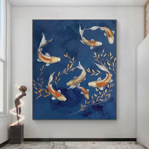 Golden Koi: Vertical Koi Fish Painting on Blue Background | Asian Art