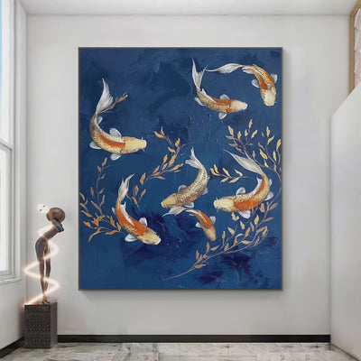 Golden Koi: Vertical Koi Fish Painting on Blue Background | Asian Art