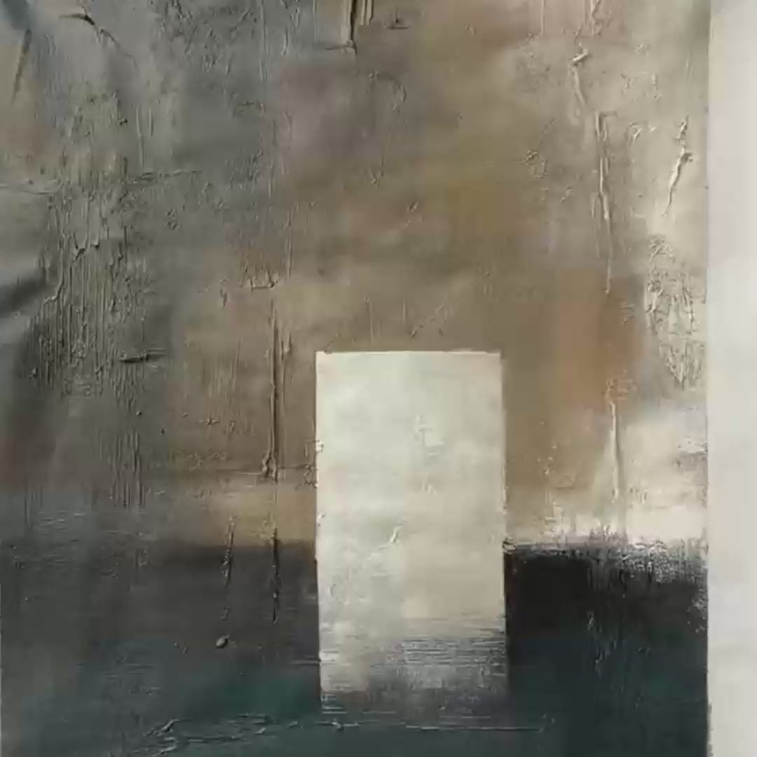 Javier Ramirez 'Minimalist Doorway' abstract art. Vertical painting with textured details and neutral color palette.