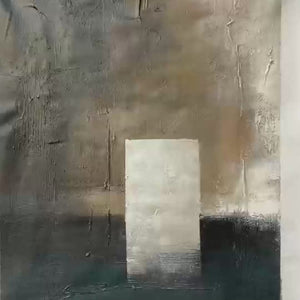 Javier Ramirez 'Minimalist Doorway' abstract art. Vertical painting with textured details and neutral color palette.