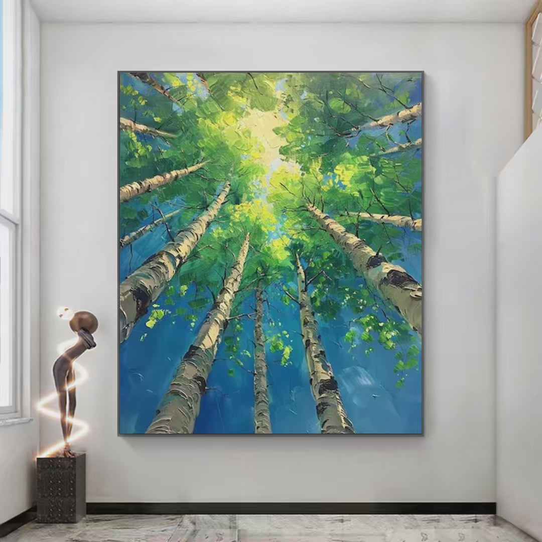 Forest Sunrise: Textured Birch Tree Painting | Impasto Wall Art | Vertical Canvas | Nature Decor