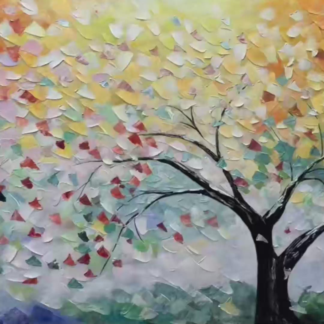 Original textured impasto wall art of a rainbow tree with vibrant multicolored leaves. Horizontal.