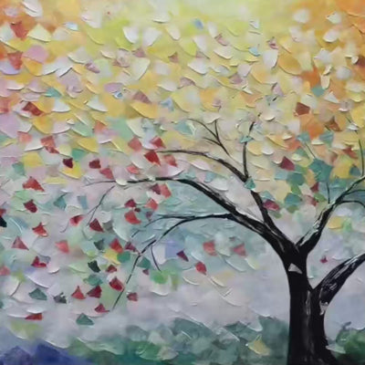 Original textured impasto wall art of a rainbow tree with vibrant multicolored leaves. Horizontal.