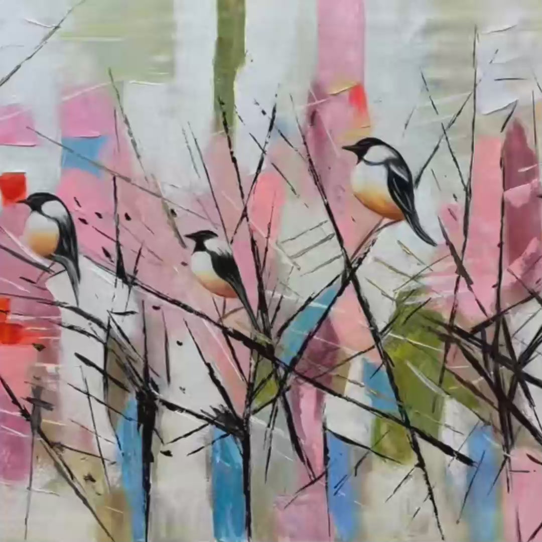 Panoramic Painting of Birds on Branches, Pastel Colors, Modern Wall Art, Pink, Blue