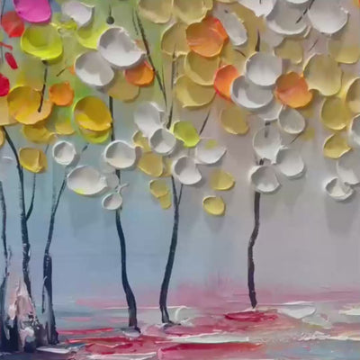 Textured impasto painting of a forest with vibrant leaves, Liam O'Connell's Enchanted Forest artwork.