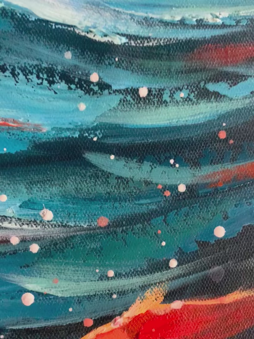 Oceanic Dance: Original Abstract Fish Oil Painting - Red and Blue Ocean Vortex Wall Art