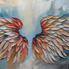 Textured impasto painting of colorful angel wings with gold leaf accents, showcasing vibrant hues and 3D paint texture.