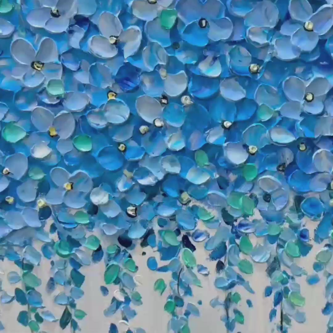 Blue Wisteria textured impasto painting by Elodie Dubois, featuring cascading blue floral blossoms in a black frame.