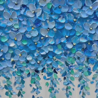 Blue Wisteria textured impasto painting by Elodie Dubois, featuring cascading blue floral blossoms in a black frame.