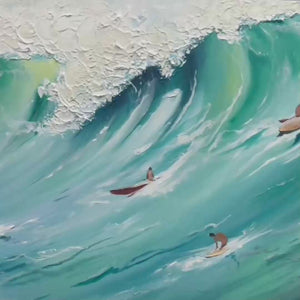 Panoramic Ocean Painting of Surfers on a Majestic Wave