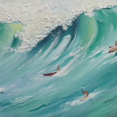 Panoramic Ocean Painting of Surfers on a Majestic Wave