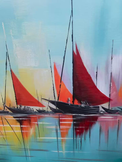 Harbor Sunset: Panoramic Sailboat Painting | Colorful Sunset | Beach & Sea | Living Room, Office, Hotel
