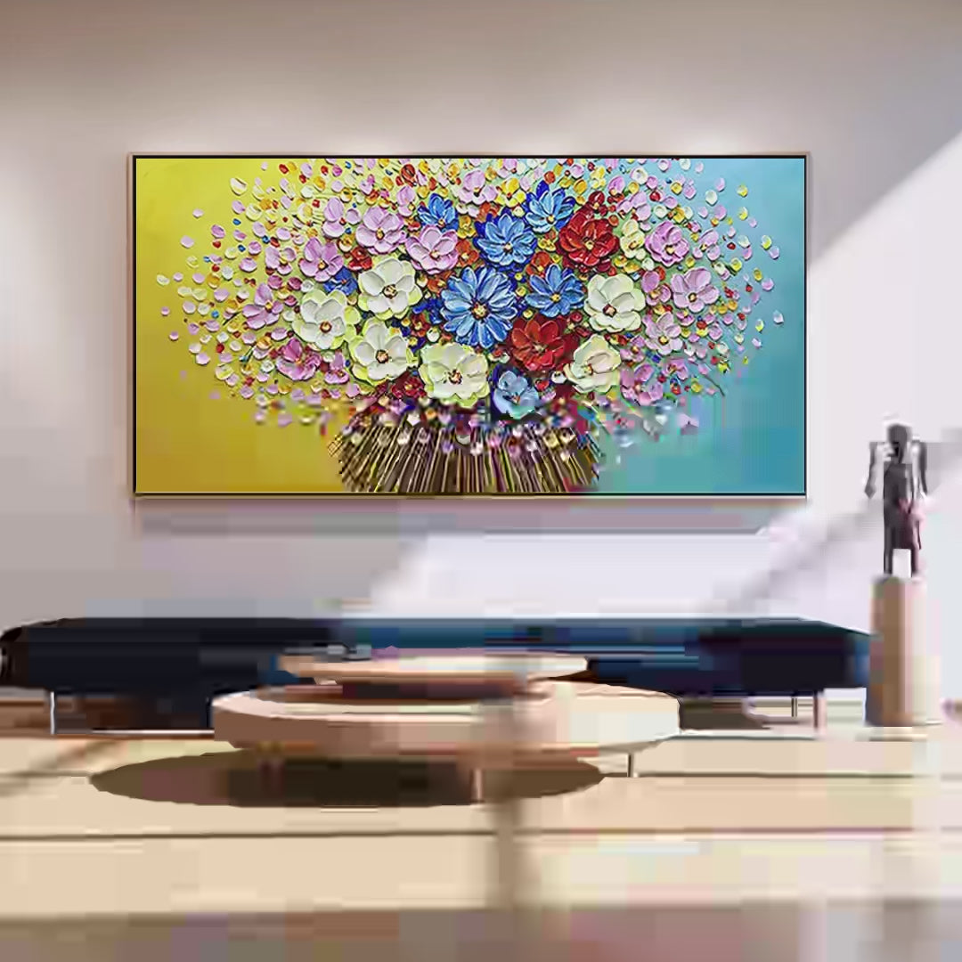 Vibrant Bouquet Textured Impasto Floral Painting Horizontal Wall Art Colorful Decor