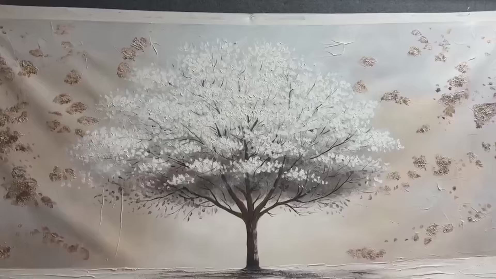 Winter's Grace: Textured White Tree Painting with Gold Accents on Beige