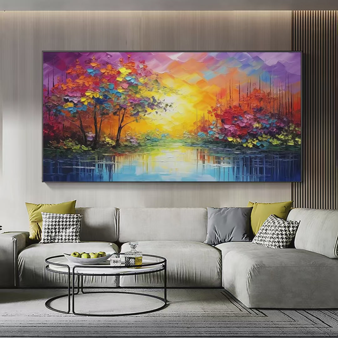 Enchanted Riverview: Colorful Landscape Painting | Riverside Decor