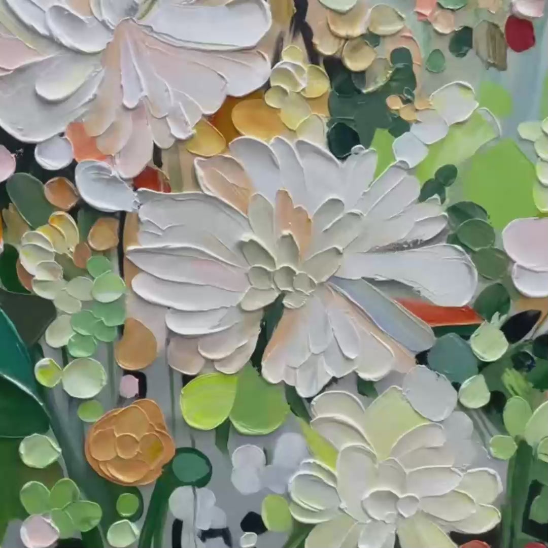 Blushing Blooms: Textured Floral Painting | Impasto Palette Knife | Vertical Canvas | Modern Floral Wall Art