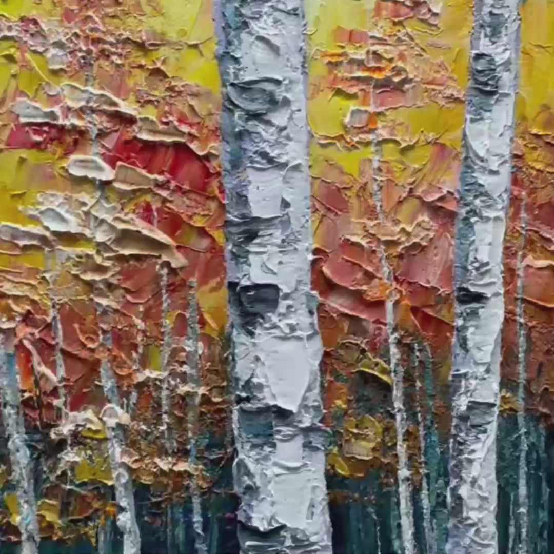Golden birch forest painting: white trunks, yellow autumn foliage, impasto texture, framed in black.