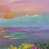 Original impressionistic sunset landscape painting with vibrant flowers and water reflection in black frame.