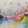 "Melody in Color" abstract painting. Black musical notes flow over vibrant blue, red, yellow, purple brushstrokes, framed.