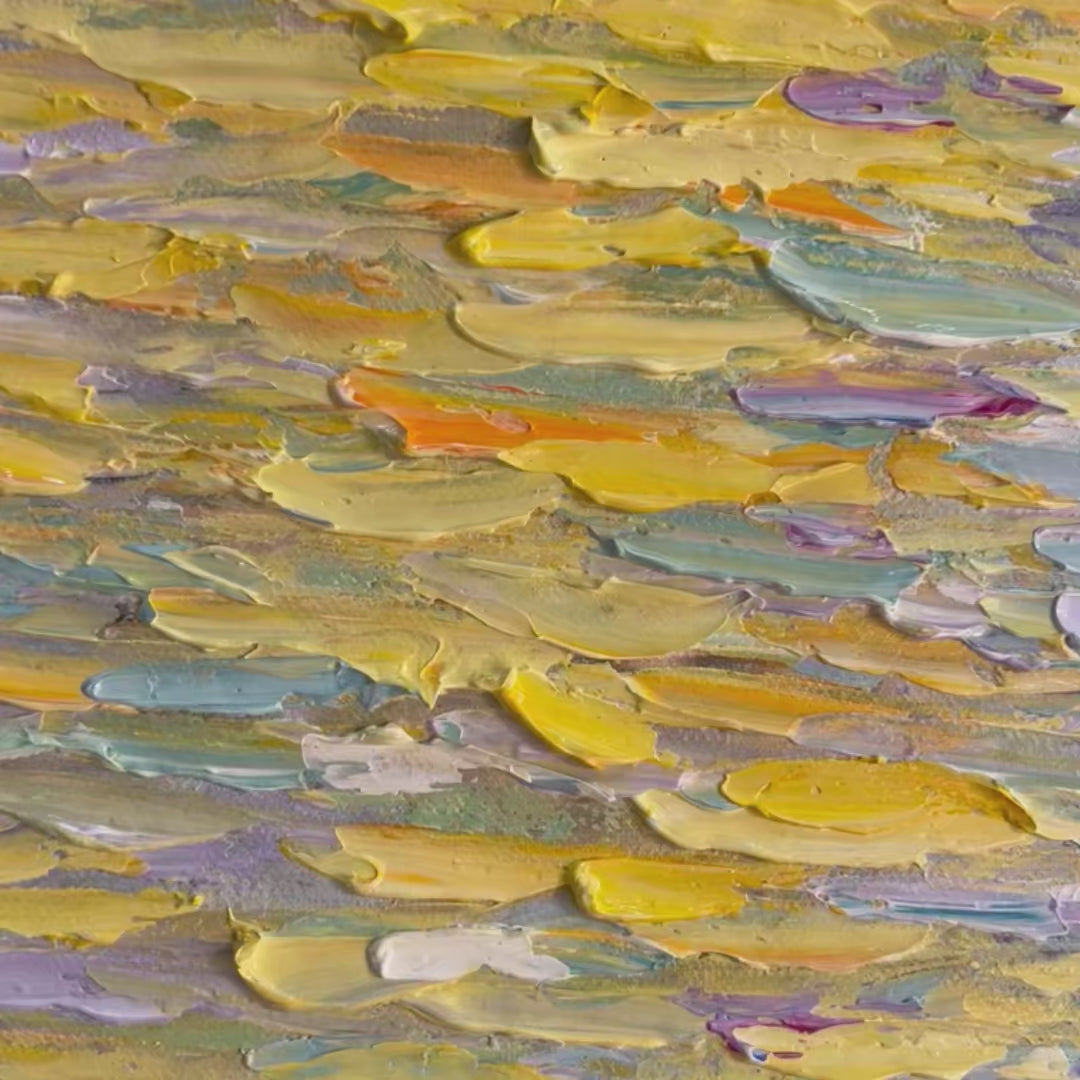 Golden Sunset Over Water: Square Textured Seascape Painting | Palette Knife Ocean Sunset | Blue | Living Room & Bedroom
