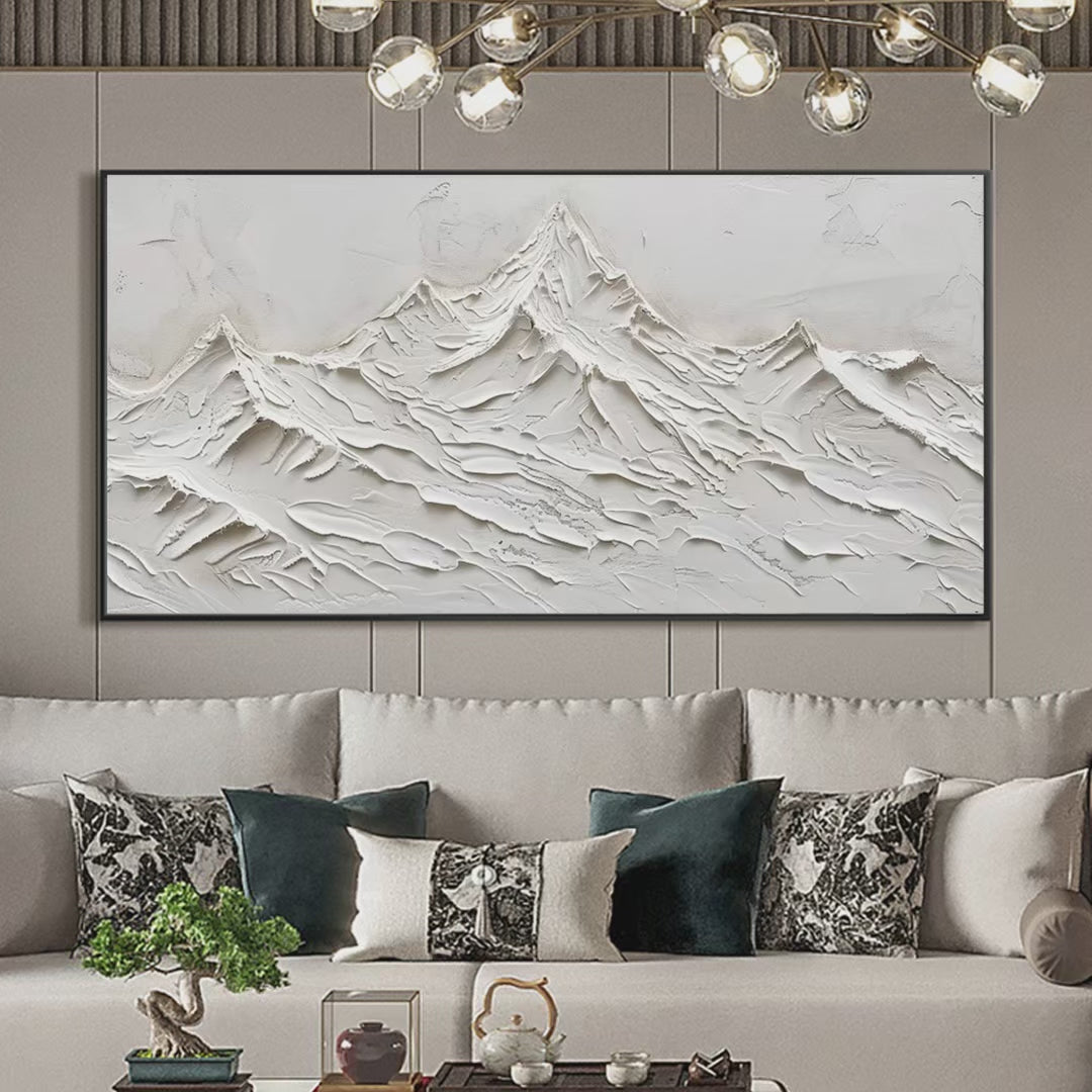 White Mountains: Textured Minimalist Abstract Mountain Painting in White | Mountain Decor