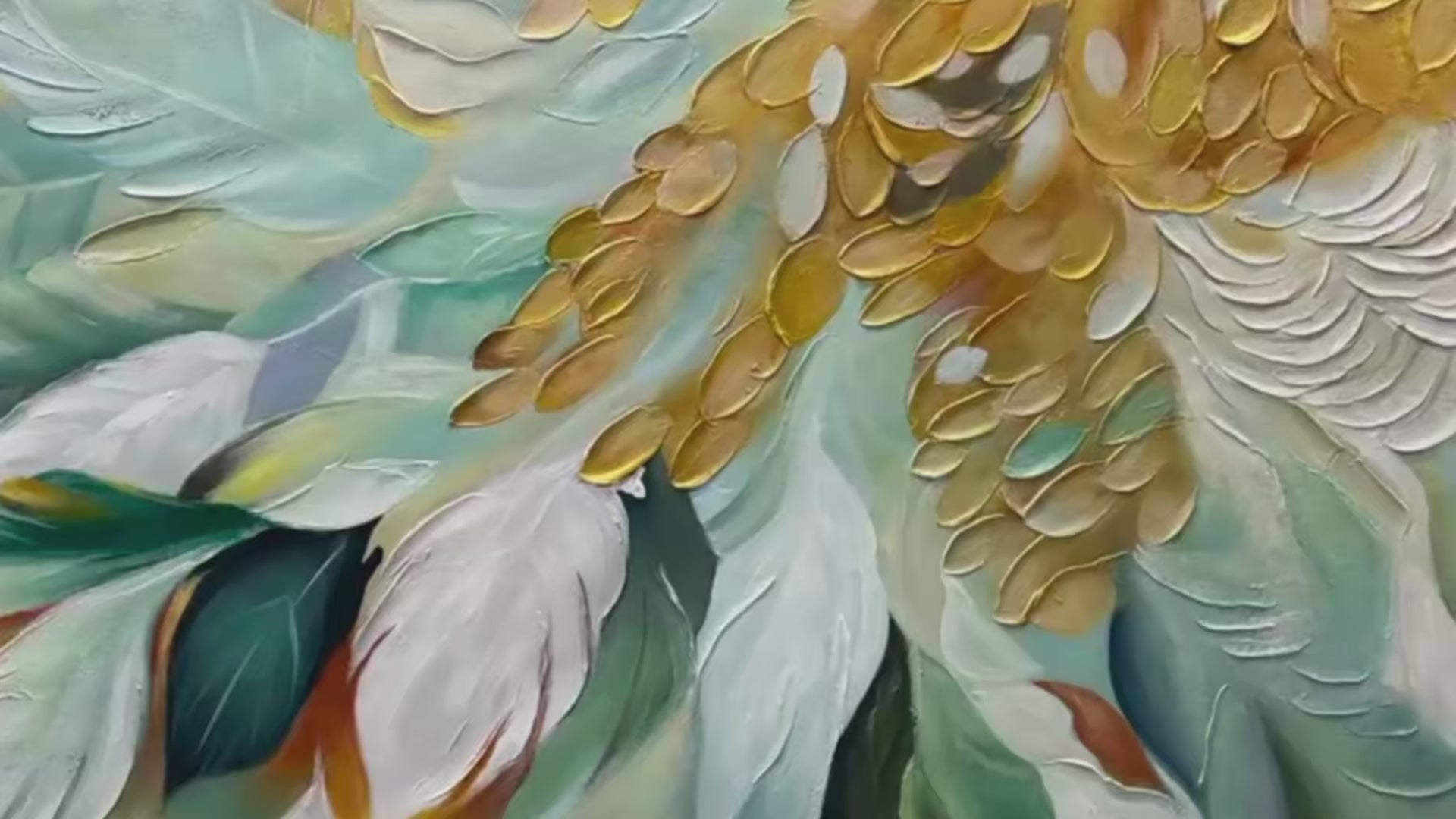 Gilded Garden: Green and Gold Floral Textured Impasto Oil Painting Canvas Wall Art Decor