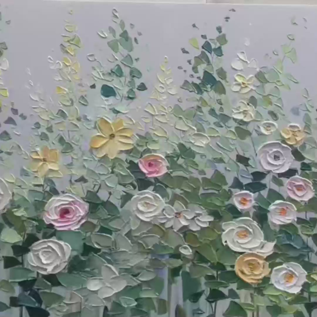 Textured impasto painting: Spring Meadow floral artwork with roses and wildflowers in cream, pink, yellow.