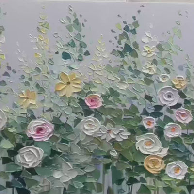 Textured impasto painting: Spring Meadow floral artwork with roses and wildflowers in cream, pink, yellow.