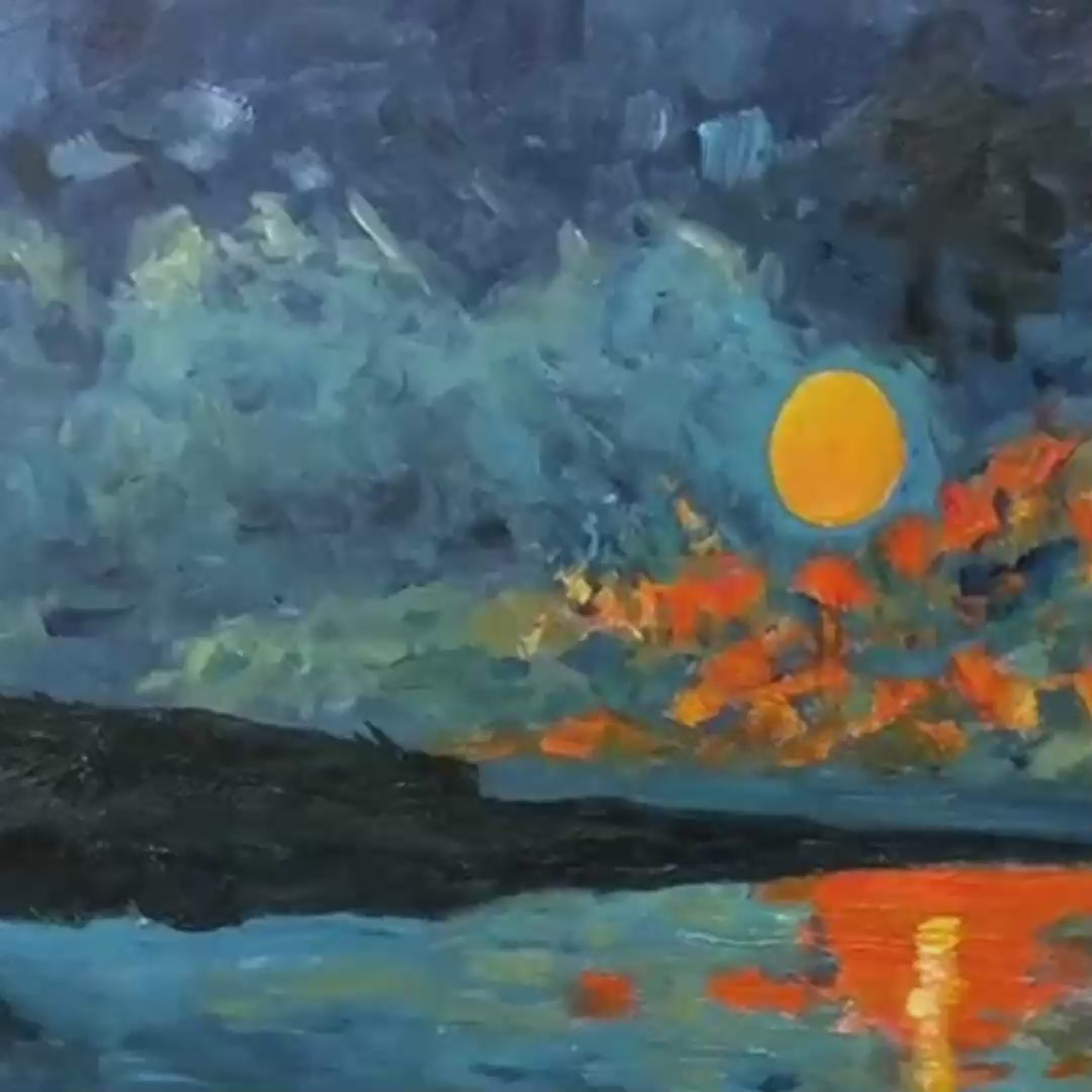 Panoramic wall art showing Harvest Moon over Lake by Liam O'Connell, displayed in a modern living room.