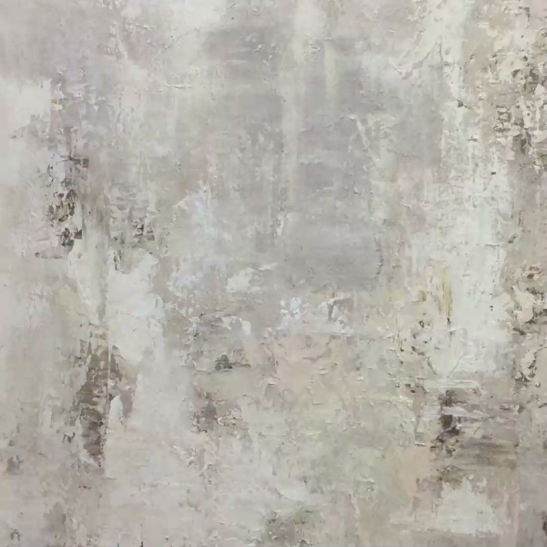 Textured Beige Abstract painting by Javier Ramirez. Modern minimalist artwork with neutral beige tones and a gold frame.