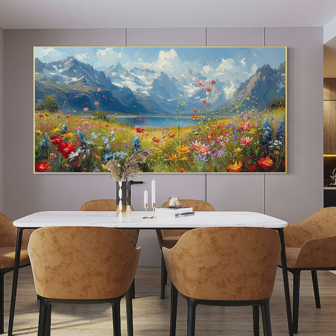 Colorful Mountain Landscape Wildflower Painting for Living Room