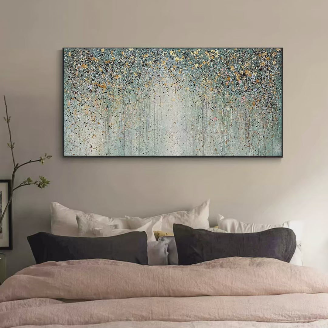 Golden Rain: Textured Abstract Landscape Painting in Green and Gold
