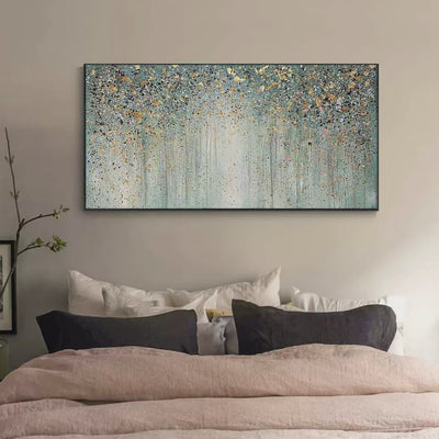 Golden Rain: Textured Abstract Landscape Painting in Green and Gold