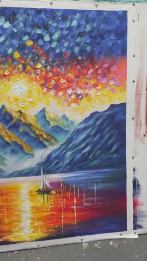 Majestic Sunrise: Mountain Landscape Oil Painting with Lake and Sailboat on Canvas