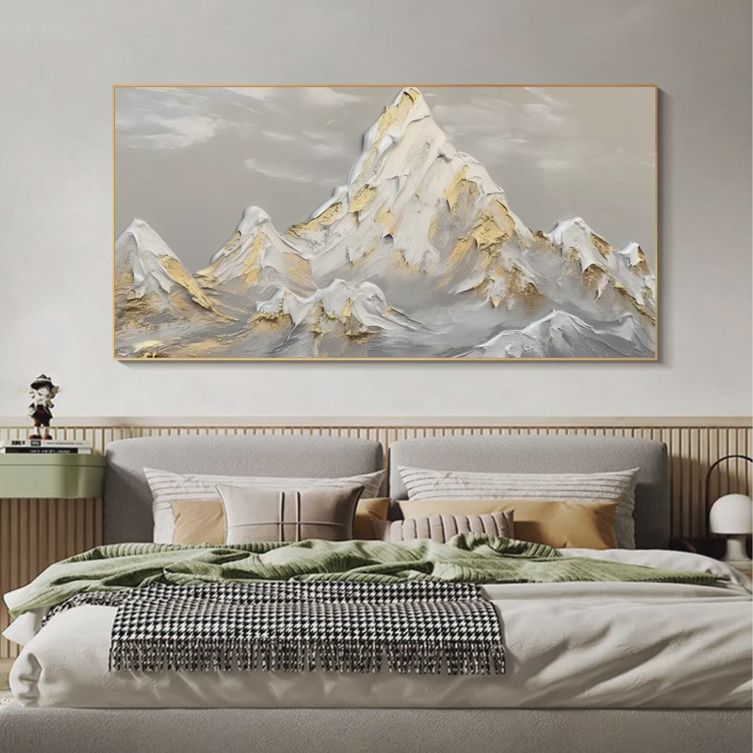 Golden Peaks: Textured Mountain Landscape Painting in Gold and Grey | Mountain Decor