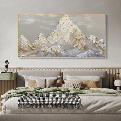 Golden Peaks: Textured Mountain Landscape Painting in Gold and Grey | Mountain Decor