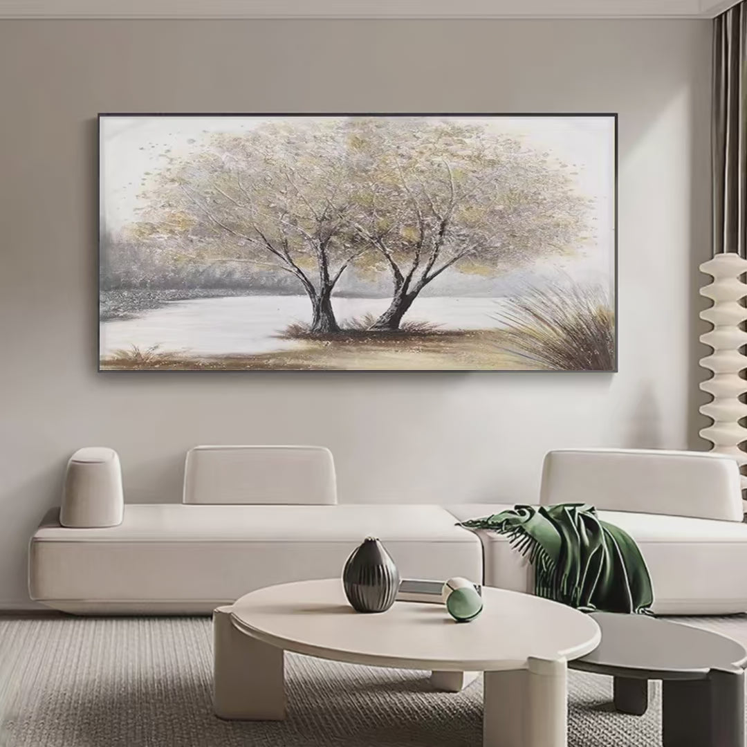 Twilight Trees: Serene Landscape Painting of Trees by the Water | Landscape Decor