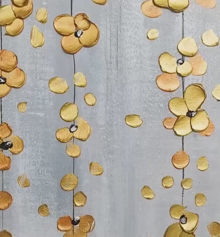 Golden Rain: Minimalist Floral Oil Painting in Gold and Grey on Canvas