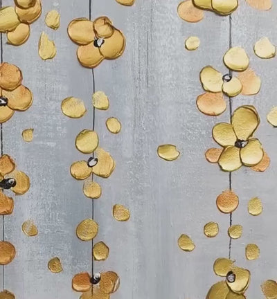 Golden Rain: Minimalist Floral Oil Painting in Gold and Grey on Canvas