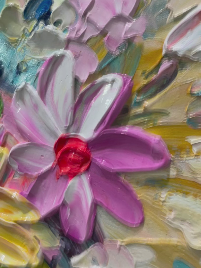 Blooming Rhapsody: Colorful Floral Impasto Oil Painting Canvas Wall Art Flower Decor