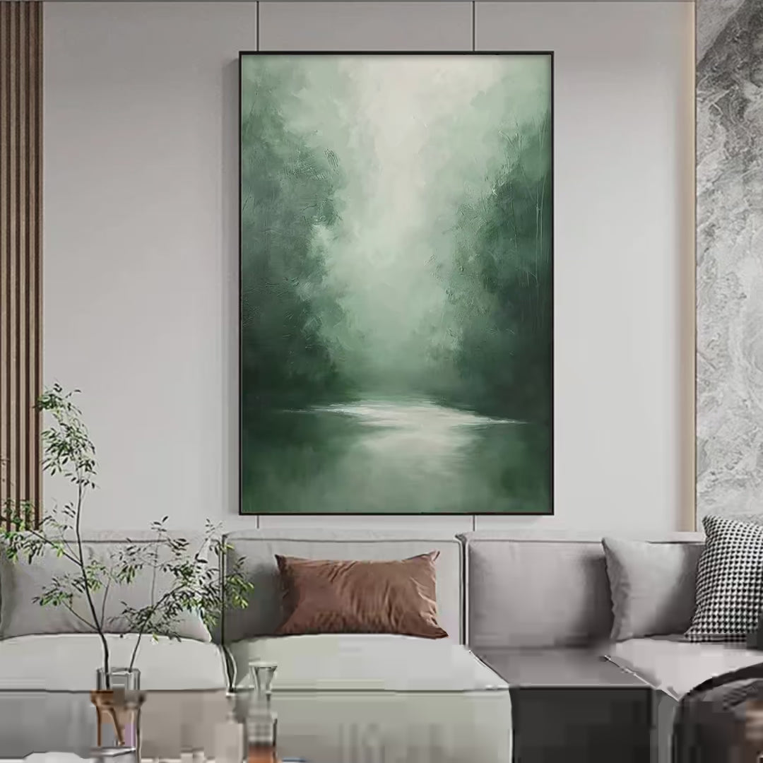 Misty Green Forest Atmospheric Forest Landscape Painting Vertical Wall Art Nature Decor