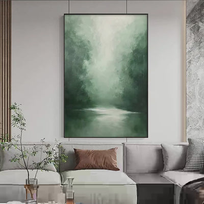 Misty Green Forest Atmospheric Forest Landscape Painting Vertical Wall Art Nature Decor