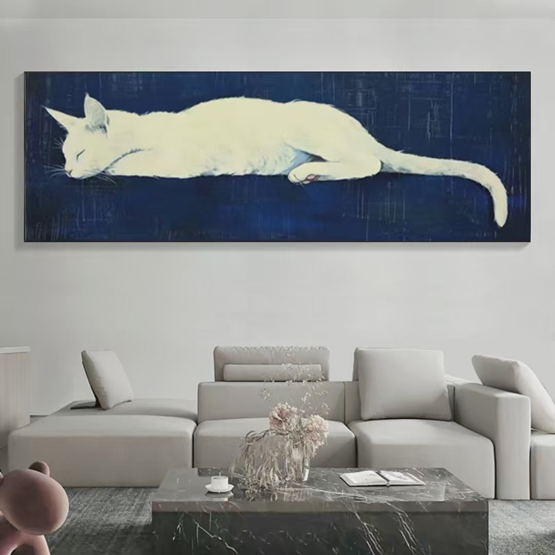 Sleeping White Cat Panoramic: Cat Painting | Panoramic Wall Art | Pet Portrait Decor