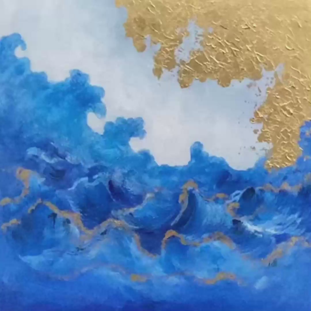Square Abstract Ocean Waves Oil Painting with Gold Leaf