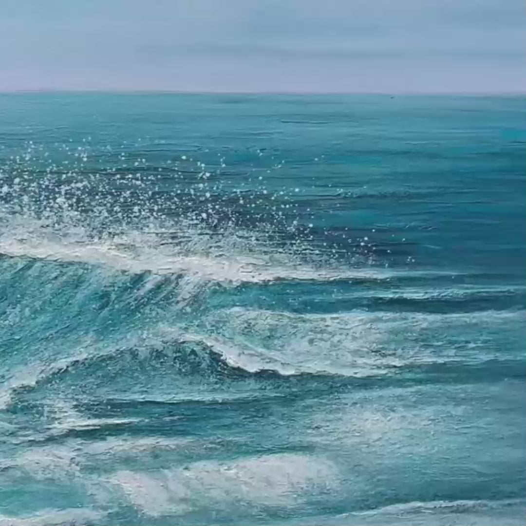 Azure Crests panoramic seascape painting of a crashing ocean wave with white spray, blue water, and sky.