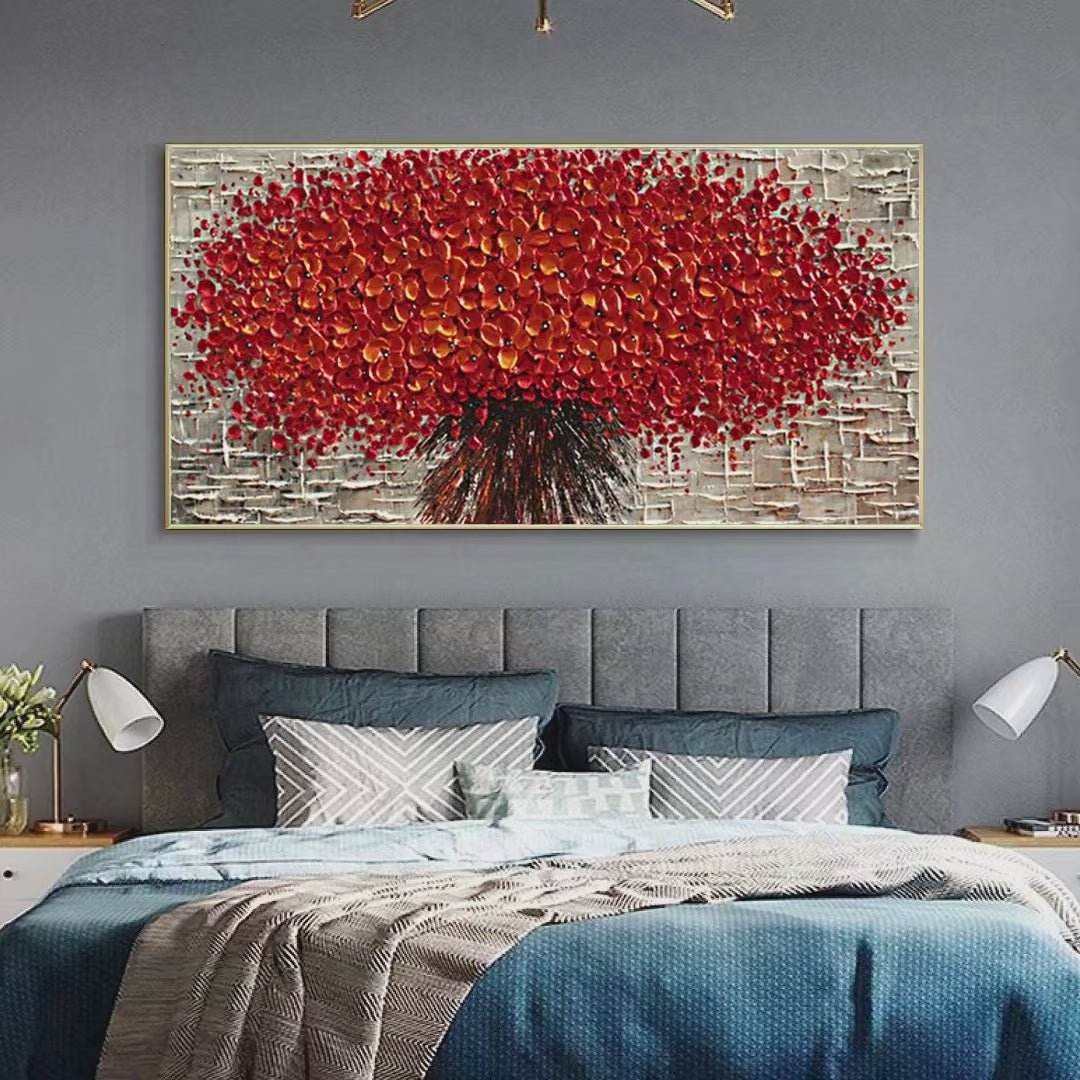 Crimson Burst: Textured Impasto Floral Painting in Red | Floral Decor