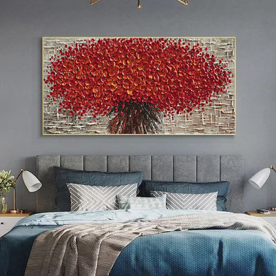 Crimson Burst: Textured Impasto Floral Painting in Red | Floral Decor