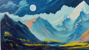 MOONLIT MAJESTY: Panoramic Mountain Landscape Oil Painting with Moon