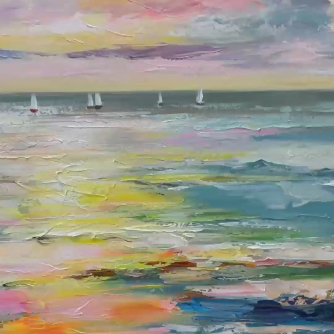 Seascape Painting, Impasto Texture, Ocean View, Panoramic Wall Art, Horizontal