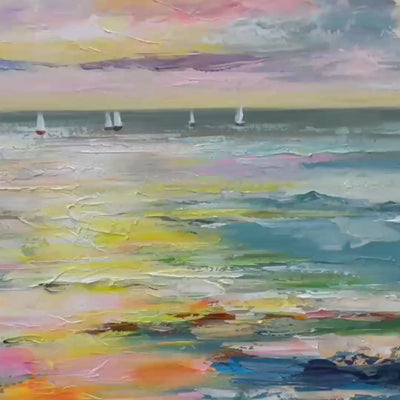 Seascape Painting, Impasto Texture, Ocean View, Panoramic Wall Art, Horizontal